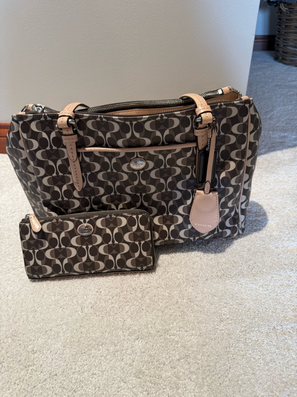 Coach Brown Signature Canvas Tote with Light Tan Leather Accents